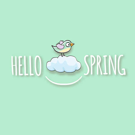 Hello spring label with spring birds and flowers on a soft pastel mint green background. Hello spring simple cut paper style illustration design templateのイラスト素材