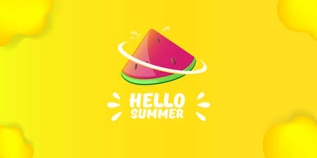 Vector Hello Summer Beach Party horizontal banner Design template with fresh watermelon slice isolated on yellow background. Hello summer concept label or poster with fruit and typographic text.のイラスト素材
