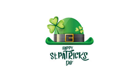 vector saint patricks day horizontal banner with greeting text and green funky patricks hat on white...