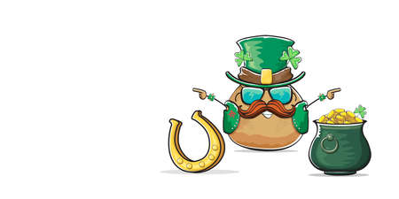 Happy Saint Patricks day horizontal banner with funky leprechaun potato character with green particks hat and Pot Full of Golden Coins isolated on white background. patricks day funky characterのイラスト素材