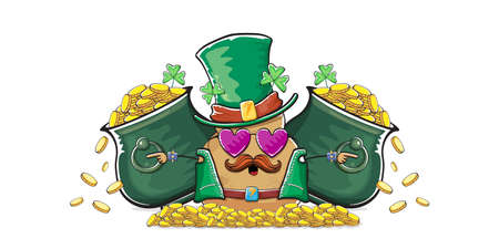 Happy Saint Patricks day horizontal banner with funky leprechaun potato character with green particks hat and Pot Full of Golden Coins isolated on white background. patricks day funky characterのイラスト素材