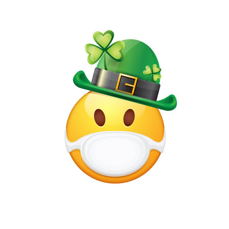 Vector Emoji sticker with mouth medical protection mask and saint Patricks green hat isolated on white background. Yellow st. Patricks smile face character with hat and white surgeon mask.のイラスト素材