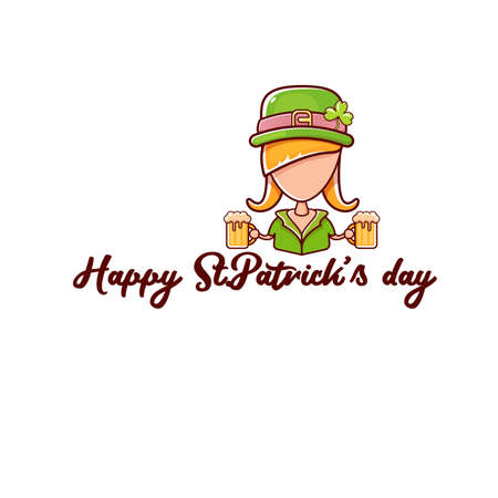 PrintSaint Patrick girl holding beer isolated on white background. Happy st patricks day banner or poster with redhead woman and calligraphic greeting text. Cartoon st Patrick girl line art iconのイラスト素材