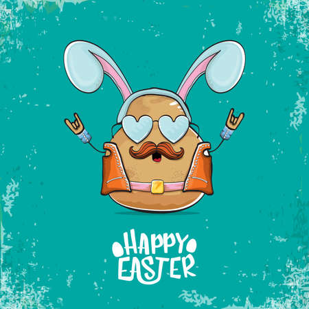 vector rock star easter potato funny cartoon character with blue bunny ears isolated on an azure background. rock n roll easter party poster or happy easter greeting cardのイラスト素材