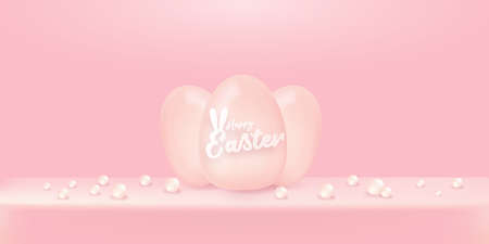 Happy Easter bright pink horizontal banner with soft 3d realistic egg on pastel pink background. Soft clay 3d style happy easter concept vector illustration. Happy easter backgroundのイラスト素材