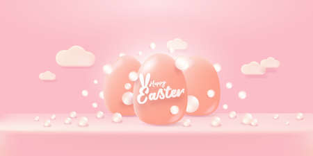 Happy Easter bright pink horizontal banner with soft 3d realistic egg on pastel pink background. Soft clay 3d style happy easter concept vector illustration. Happy easter backgroundのイラスト素材