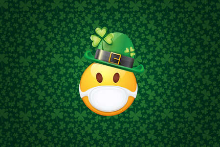 Vector Emoji sticker with mouth medical protection mask and saint Patricks green hat isolated on green horizontal background. Yellow st. Patricks smile face character with hat and white surgeon mask.のイラスト素材