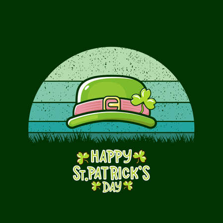Saint Patricks Day greeting card. Irish Leprechaun green hat and greeting text isolated on green background with sun. Saint Patrick label or line art cartoon style icon.のイラスト素材