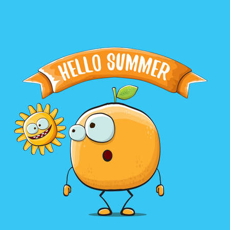 Hello summer concept with cartoon orange character and sun isolated on blue background. vector citrus fruit summer food characterのイラスト素材