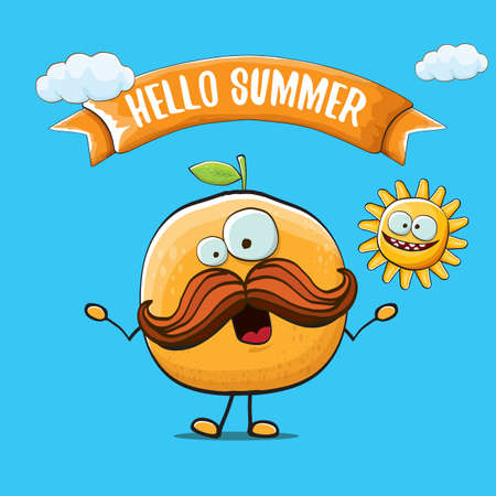 Hello summer concept with cartoon orange character and sun isolated on blue background. vector citrus fruit summer food characterのイラスト素材