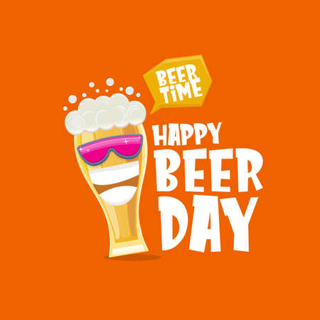 Happy international beer day banner or poster with cartoon funny beer glass friends characters with sunglasses isolated on orange background. International beer day cartoon comic posterのイラスト素材