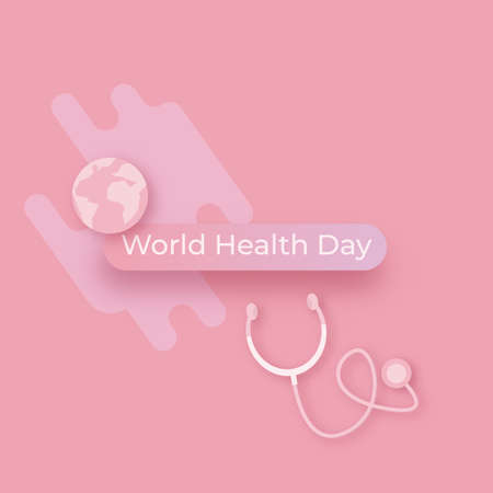 world health day pink square concept banner with heart, earth globe and stethoscope. Health day poster or social media postのイラスト素材