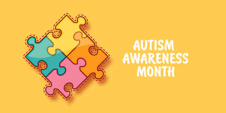 Autism awareness month horizontal banner with Multicolored puzzle isolated on yellow background. Healthcare concept.のイラスト素材