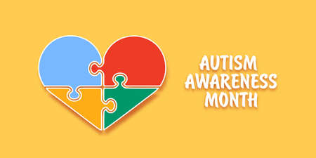 Autism awareness month horizontal banner with Multicolored puzzle isolated on yellow background. Healthcare concept.のイラスト素材