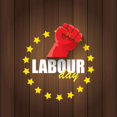 1 may Happy labour day vector label with strong protest fist in the air on wood background. vector happy labor day background or banner with man hand. workers may day posterのイラスト素材