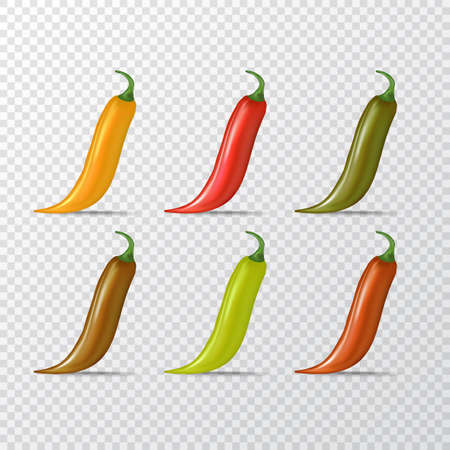 Vector red, green, orange chili peppers icons set isolated on transparent background. 3d realistic vector color Chili peppers labels collectionのイラスト素材
