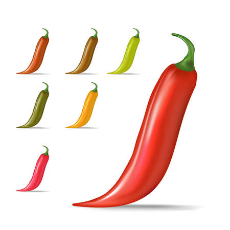 Vector red, green, orange chili peppers icons set isolated on white background. 3d realistic vector color Chili peppers labels collectionのイラスト素材