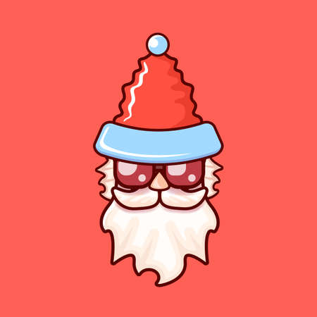 Santa Claus head with Santa red hat and hipster sunglasses isolated on red Christmas background. Santa label or sticker designのイラスト素材