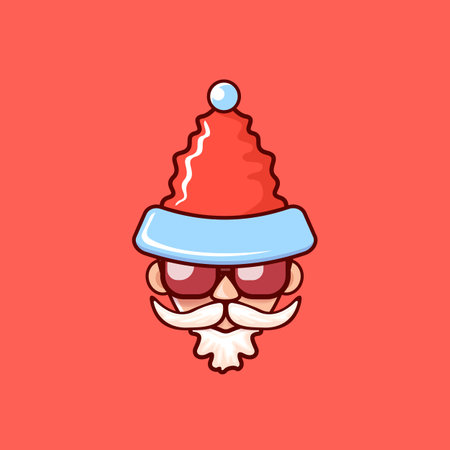 Santa Claus head with Santa red hat and hipster sunglasses isolated on red Christmas background. Santa label or sticker designのイラスト素材