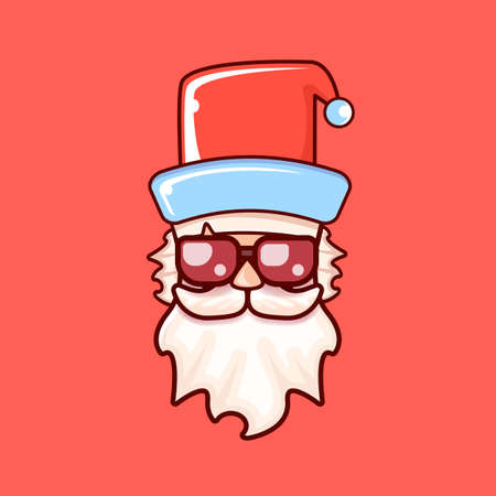 Santa Claus head with Santa red hat and hipster sunglasses isolated on red Christmas background. Santa label or sticker designのイラスト素材