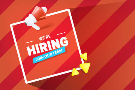 We are hiring advertising horizontal banner with a megaphone on red background. Banner with a megaphone for promoting your announcementのイラスト素材