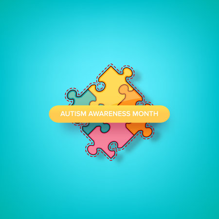 Autism awareness month banner with Multicolored puzzle isolated on azure background. Healthcare concept.のイラスト素材
