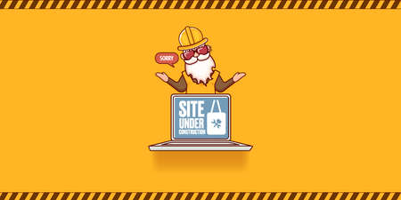 Site under construction orange web landing page design concept with funny worker and laptop.