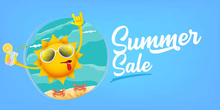 summer sale cartoon horizontal web banner or vector label with happy sun character wearing sunglasses and holding cocktail isolated on blue sky horizontal backgroundのイラスト素材