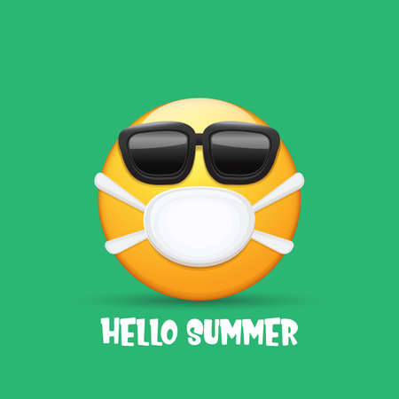 Hello summer concept with yellow Emoji sticker with mouth medical protection mask and sunglasses isolated on green background. hello summer emoji icon . Vector summer characterのイラスト素材