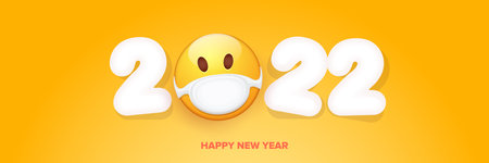 2022 Happy new year greeting horizontal banner with smile face Emoji sticker with mouth medical protection mask and 2022 numbers isolated on orange background.のイラスト素材