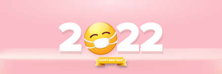 2022 Happy new year greeting horizontal banner with smile face Emoji sticker with mouth medical protection mask and 2022 numbers isolated on soft pastel pink background.のイラスト素材