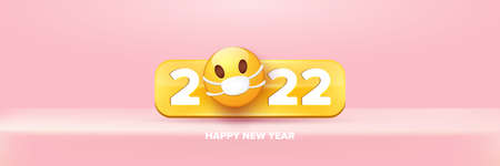 2022 Happy new year greeting horizontal banner with smile face Emoji sticker with mouth medical protection mask and 2022 numbers isolated on soft pastel pink background.のイラスト素材