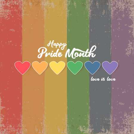 Happy pride month banner with heart and pride color flag isolated on rainbow lgbt flag background. Vector Pride month or pride day poster, flyer, invitation party card design template.のイラスト素材