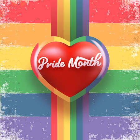 Happy pride month banner with heart and pride color flag isolated on rainbow lgbt flag background. Vector Pride month or pride day poster, flyer, invitation party card design template.のイラスト素材