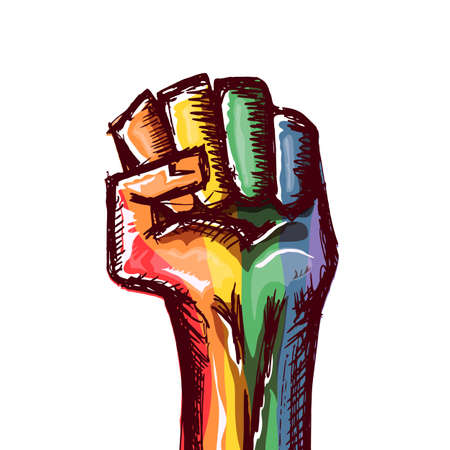 Rised LGBT fist colored in lgbt flag isolated on white background. lgbt month or day poster design template. Fight for your LGBT rights concept vector illustrationのイラスト素材
