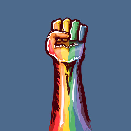 Rised LGBT fist colored in lgbt flag isolated on blue background. lgbt month or day poster design template. Fight for your LGBT rights concept vector illustrationのイラスト素材