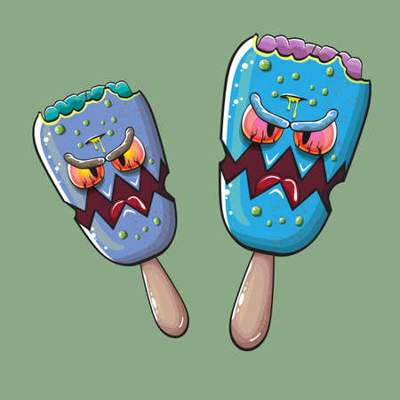 Vector Zombie ice cream with brain and red eyes isolated on green background. Halloween blue monster ice cream zombie character.のイラスト素材