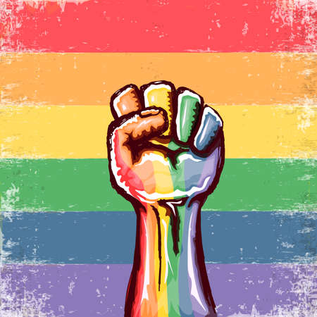 Rised LGBT fist colored in lgbt flag isolated on pride flag background. lgbt month or day poster design template. Fight for your LGBT rights concept vector illustrationのイラスト素材