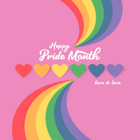 Happy pride month banner with heart and pride color flag isolated on pink background. Vector Pride month or pride day poster, flyer, invitation party card design template.のイラスト素材