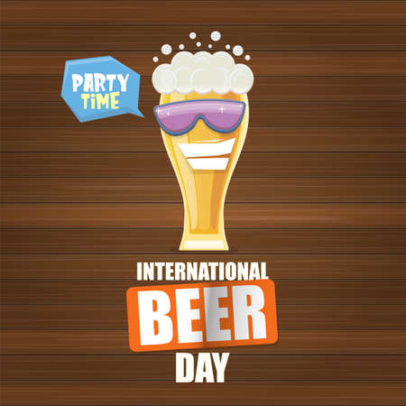 Happy international beer day banner or poster with cartoon funny beer glass friends characters with sunglasses isolated on wooden background. International beer day cartoon comic posterのイラスト素材