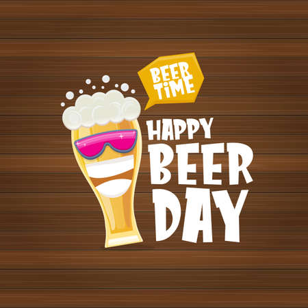 Happy international beer day banner or poster with cartoon funny beer glass friends characters with sunglasses isolated on wooden background. International beer day cartoon comic posterのイラスト素材