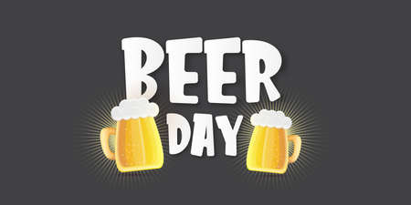 Cartoon international beer day horizontal banner or poster with beer glass isolated on grey background . Happy beer day label or horizontal greeting flyer cardのイラスト素材