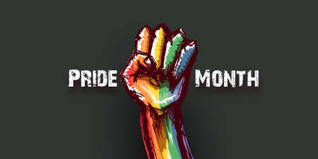 Happy pride month horizontal banner with Rised LGBT fist colored in lgbt flag isolated on grey background. LGBT Pride month or pride day poster design template. Fight for your LGBT rights conceptのイラスト素材