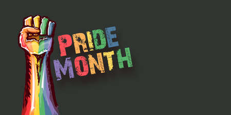 Happy pride month horizontal banner with Rised LGBT fist colored in lgbt flag isolated on grey background. LGBT Pride month or pride day poster design template. Fight for your LGBT rights conceptのイラスト素材