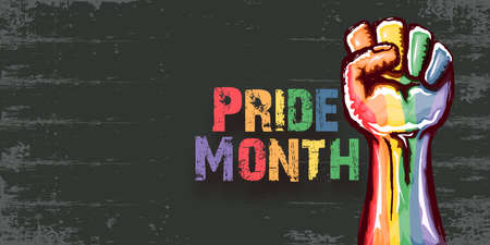 Happy pride month horizontal banner with Rised LGBT fist colored in lgbt flag isolated on grey background. LGBT Pride month or pride day poster design template. Fight for your LGBT rights conceptのイラスト素材
