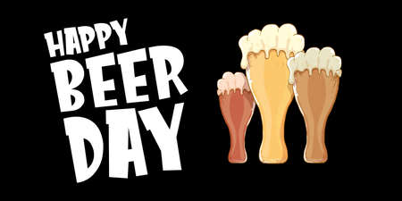 international beer day horizontal banner or poster with beer glass isolated on black background. Happy beer day vintage hand drawn greeting card or flyerのイラスト素材