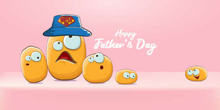 happy fathers day horizontal banner with cartoon father potato and son potato. cartoon funny comic fathers day vector label or icon isolated on soft pastel pink backgroundのイラスト素材