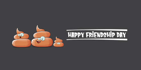 Happy friendship day horizontal banner or greeting card with vector funny cartoon poo friends characters isolated on abstract grey background. Best friends conceptのイラスト素材