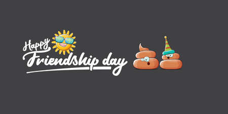 Happy friendship day horizontal banner or greeting card with vector funny cartoon poo friends characters isolated on abstract grey background. Best friends conceptのイラスト素材