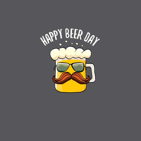 International beer day vector concept illustration or summer poster with vector funky beer character. Cartoon funny International beer day labelのイラスト素材